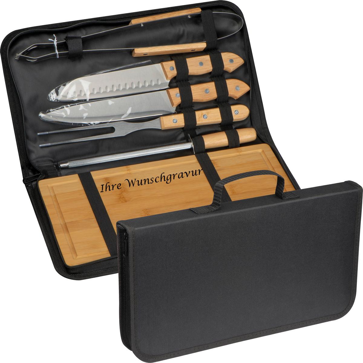 BBQ Set mit Gravur / mit Holzbrett,Messer,Grillzange,Fleischgabel,Messerschärfer - Bild 1 von 8